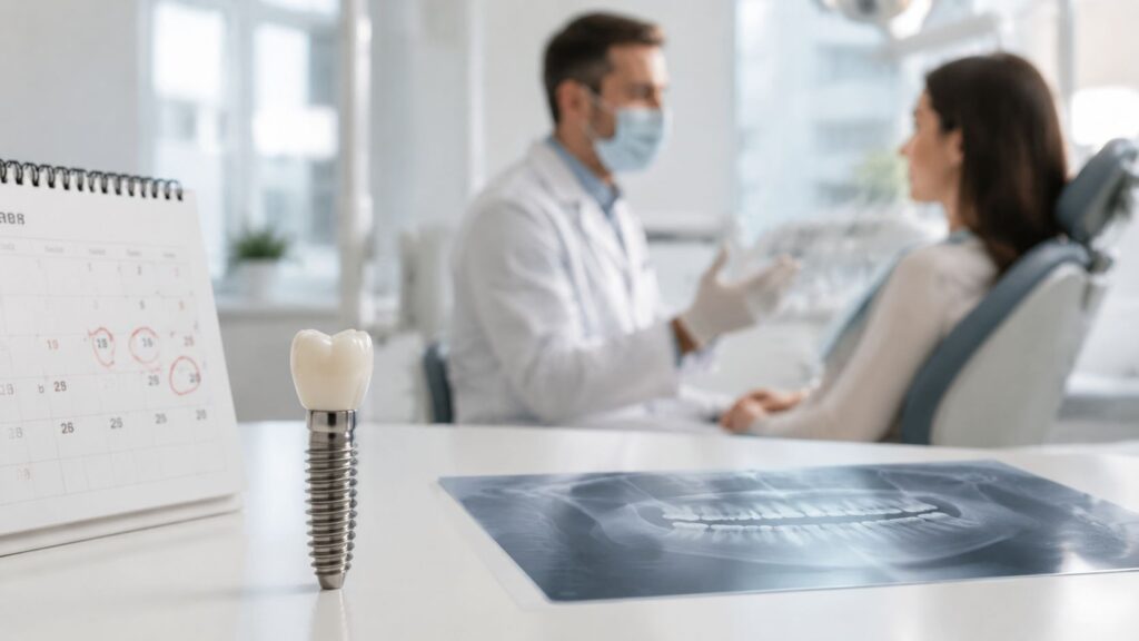 Dentist consulting with a patient beside an implant model and X-ray
