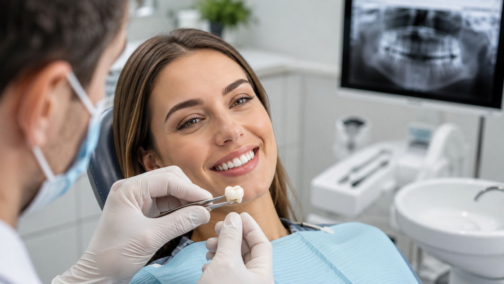 A dentist shows a patient a dental crown model during a consultation at a modern clinic.