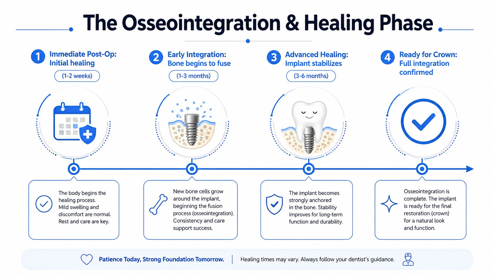 An infographic illustrating the four stages of the dental implant osseointegration and healing timeline.