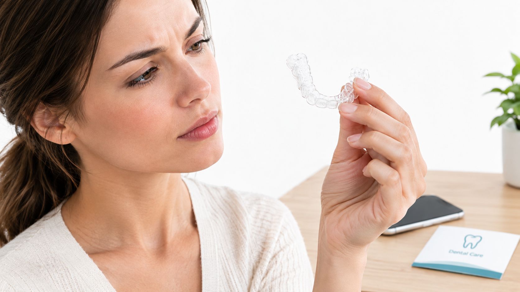 A focused woman examining a clear dental aligner tray while holding it between her fingers.