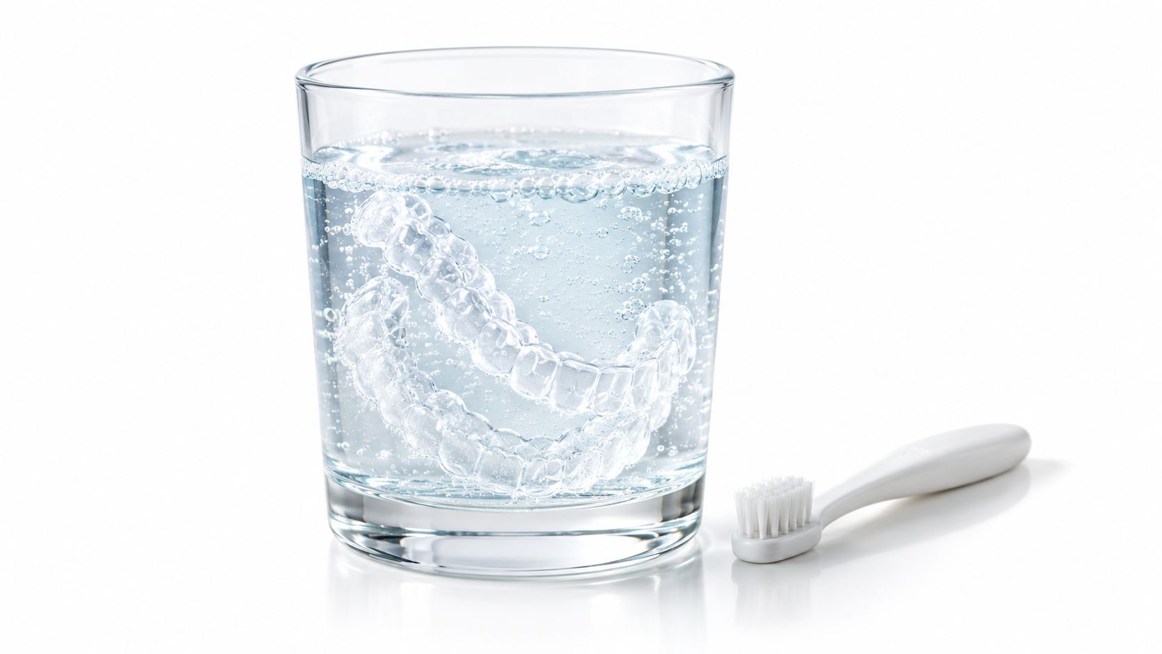 Clear dental aligners soaking in a glass of water next to a white toothbrush on white background.