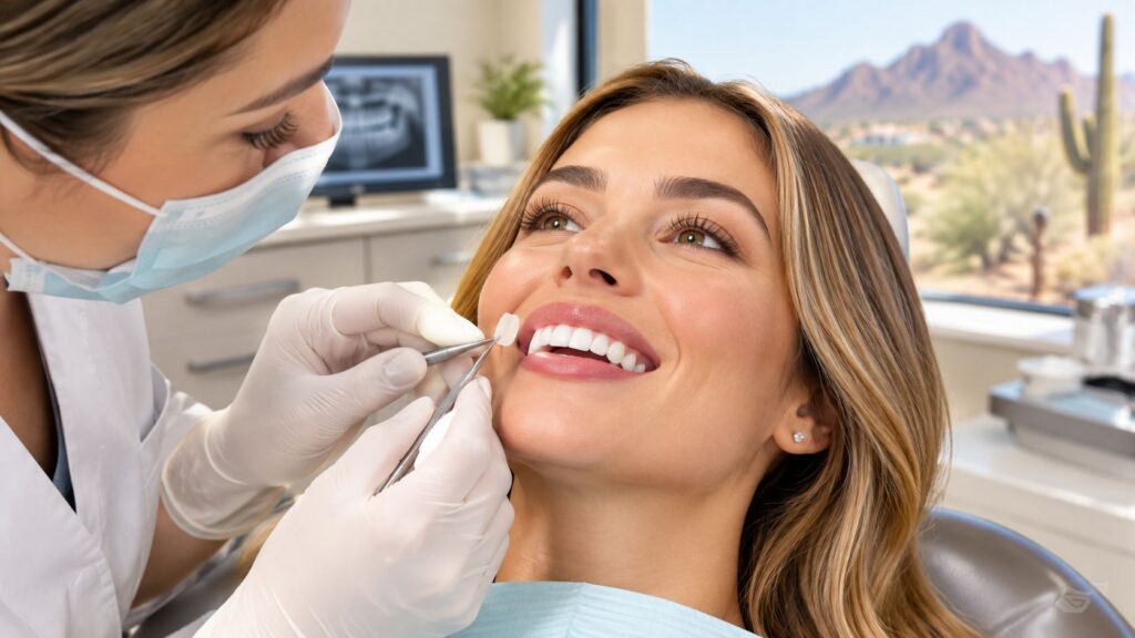 Dental hygienist examining a smiling patient's teeth