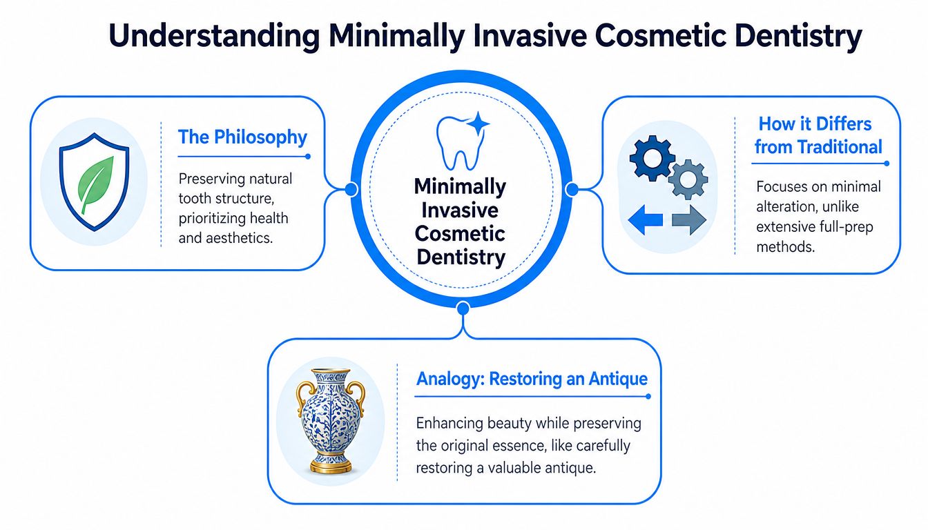 A diagram explaining the philosophy and benefits of minimally invasive cosmetic dentistry using simple icons and text.