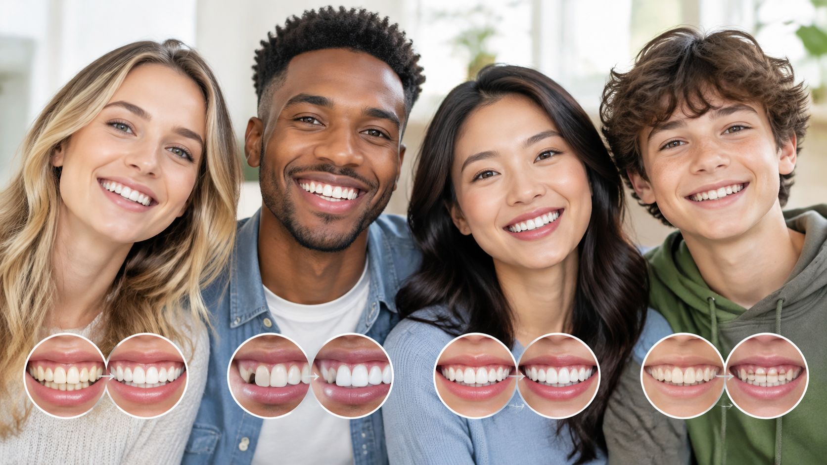 A diverse group of four people smiling with before and after images of dental smile makeovers.