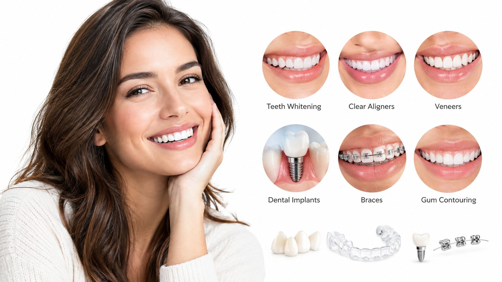 A woman smiling next to graphic icons representing various dental procedures like teeth whitening, aligners, and implants.