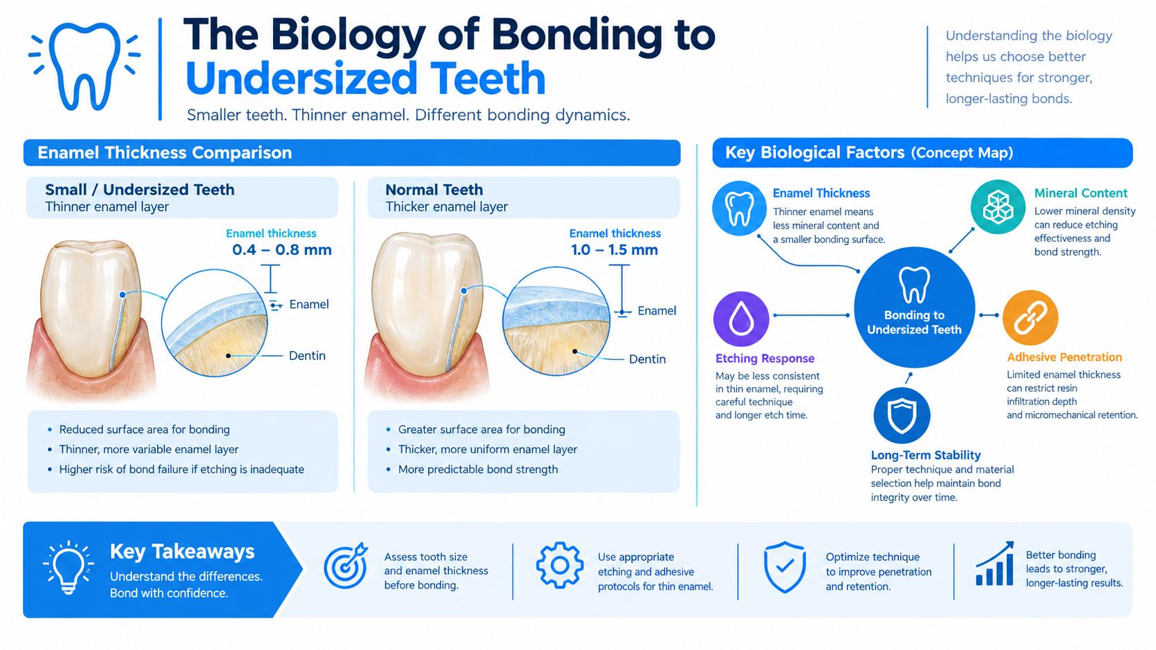 An infographic titled The Biology of Bonding to Undersized Teeth, comparing enamel thickness and bonding challenges for small versus normal teeth.