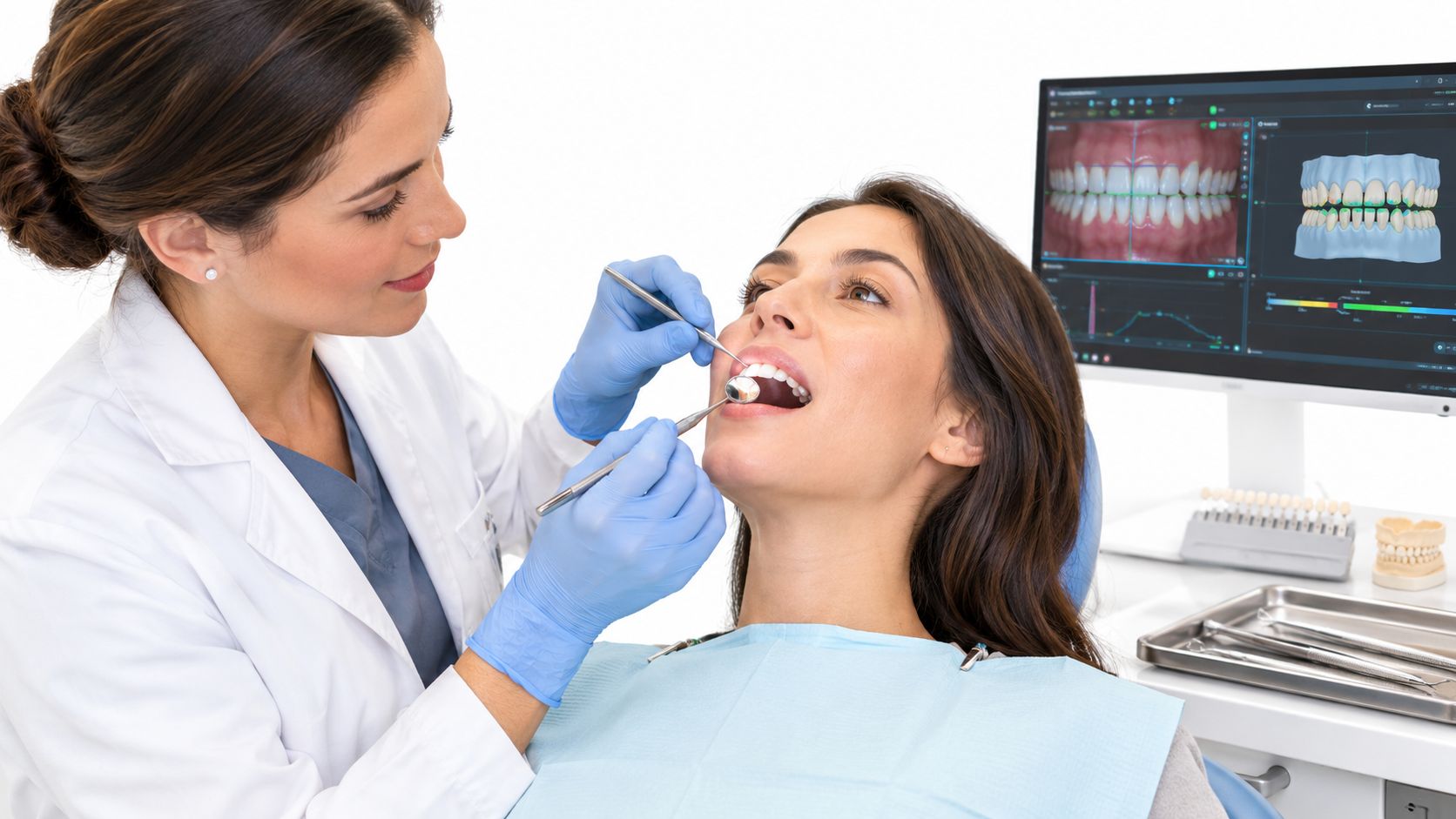 A professional female dentist examines a patient's teeth using a dental mirror during a consultation.