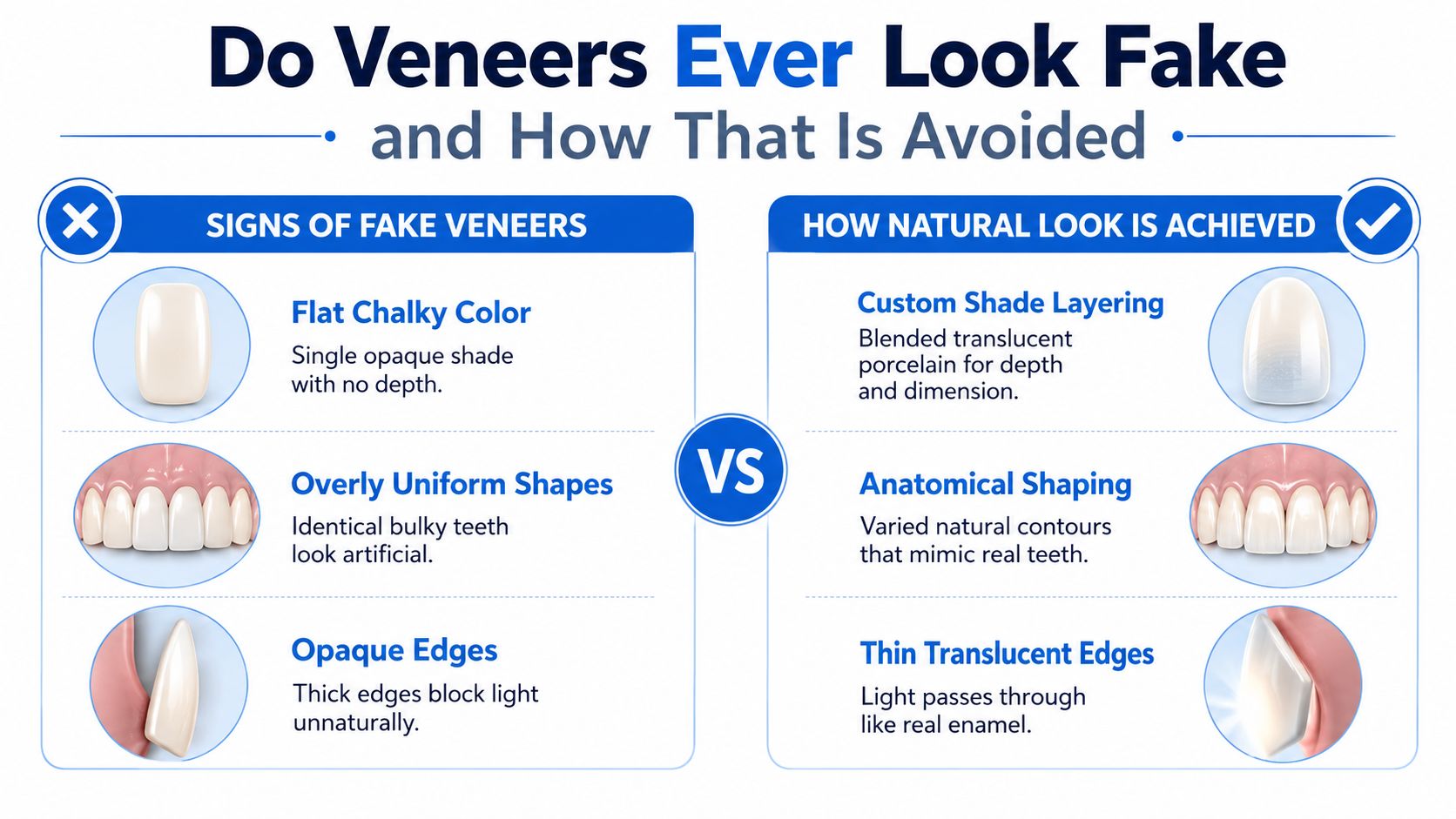 A comparison graphic illustrating signs of fake-looking veneers versus how to achieve a natural, realistic smile.