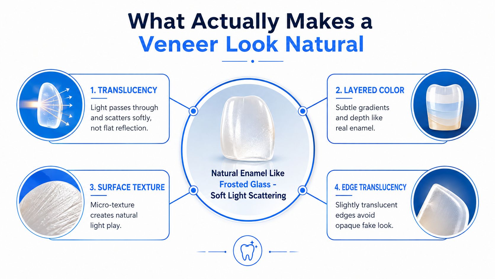 An infographic showing four key factors that contribute to making dental veneers look like natural teeth.