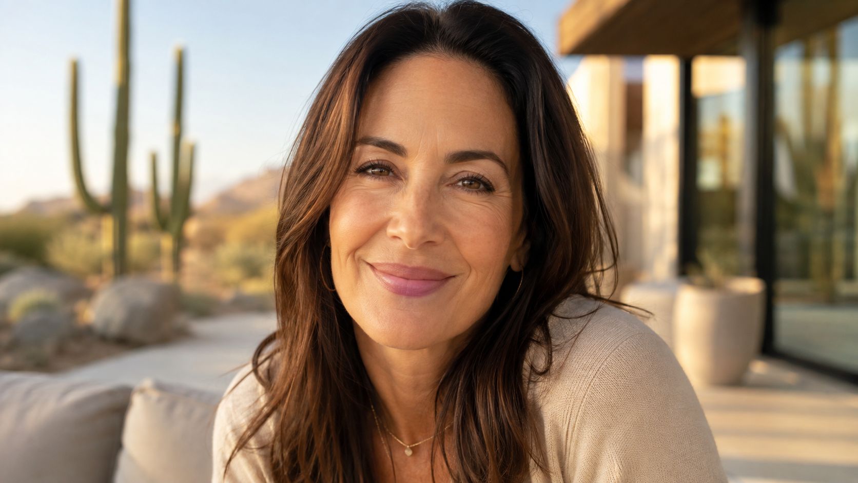 A close-up portrait of a smiling middle-aged woman with natural-looking teeth and a soft glow.