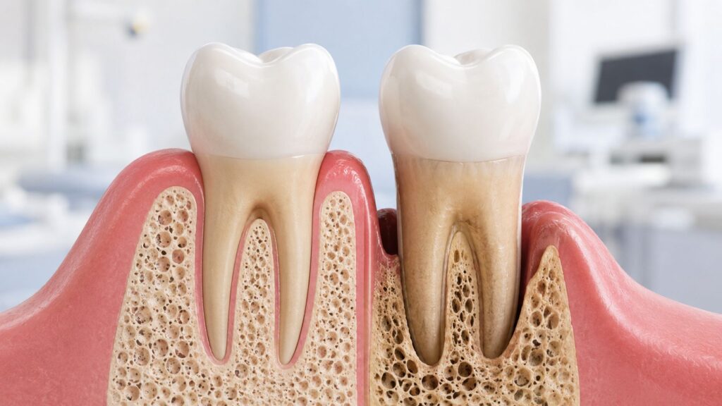 Dental model comparing a healthy tooth with the surrounding bone