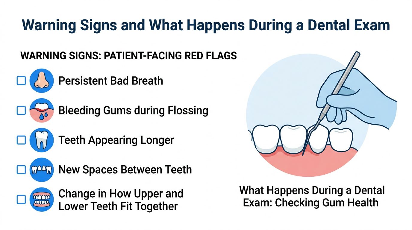 An infographic showing dental warning signs like bad breath and gum disease along with an examination graphic.