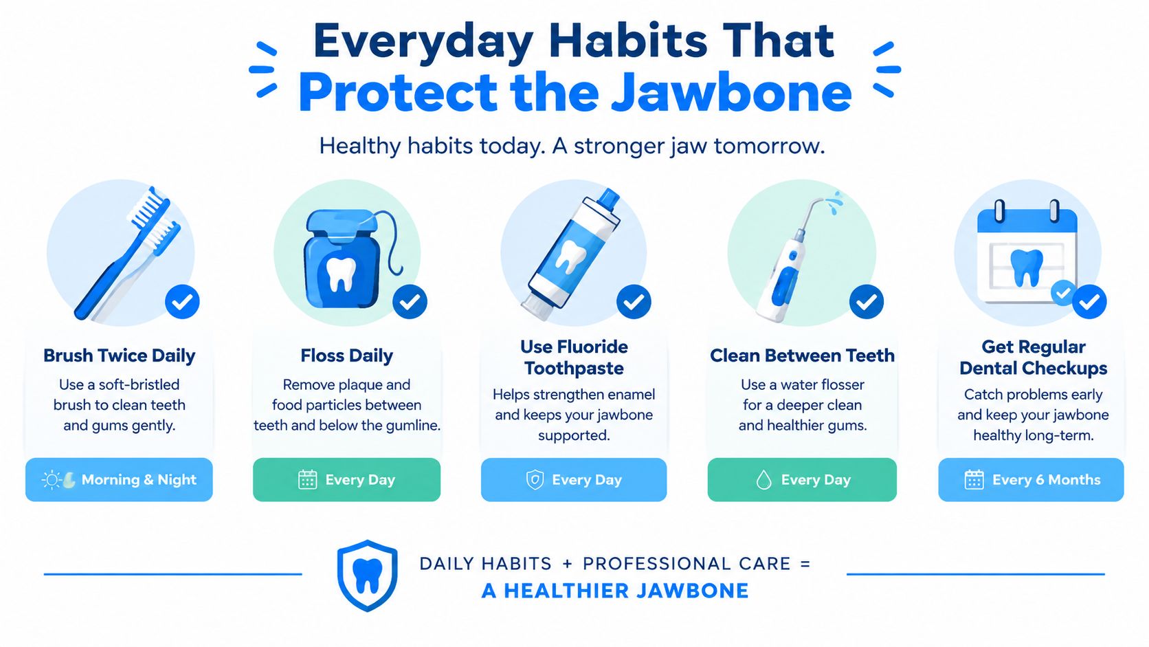 An infographic detailing five daily habits for maintaining healthy teeth and protecting jawbone density effectively.