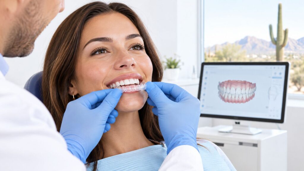 Patient receiving a digital scan with results displayed on screen