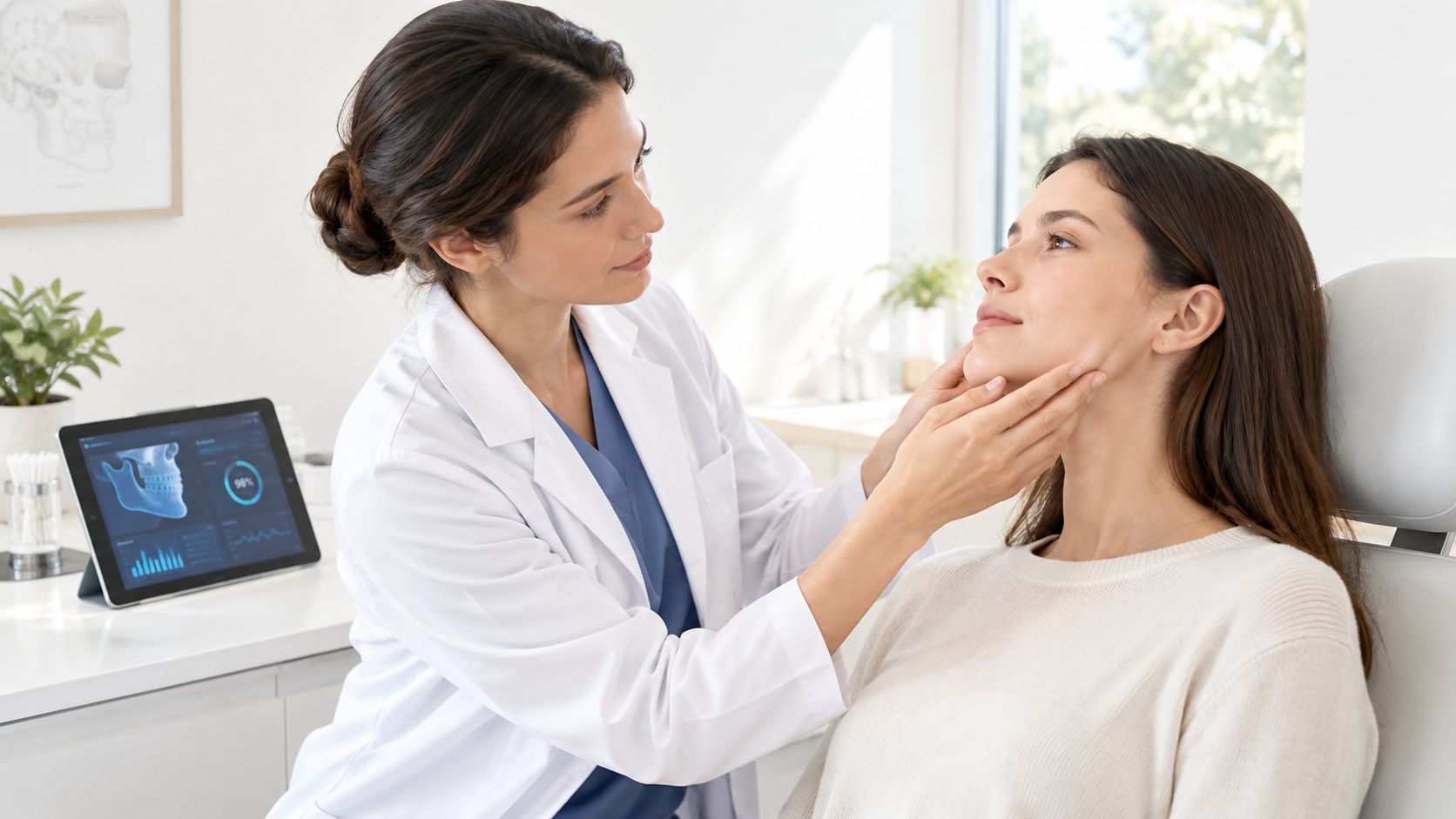 A professional doctor examines a patient's jaw in a bright, modern medical office during a consultation.