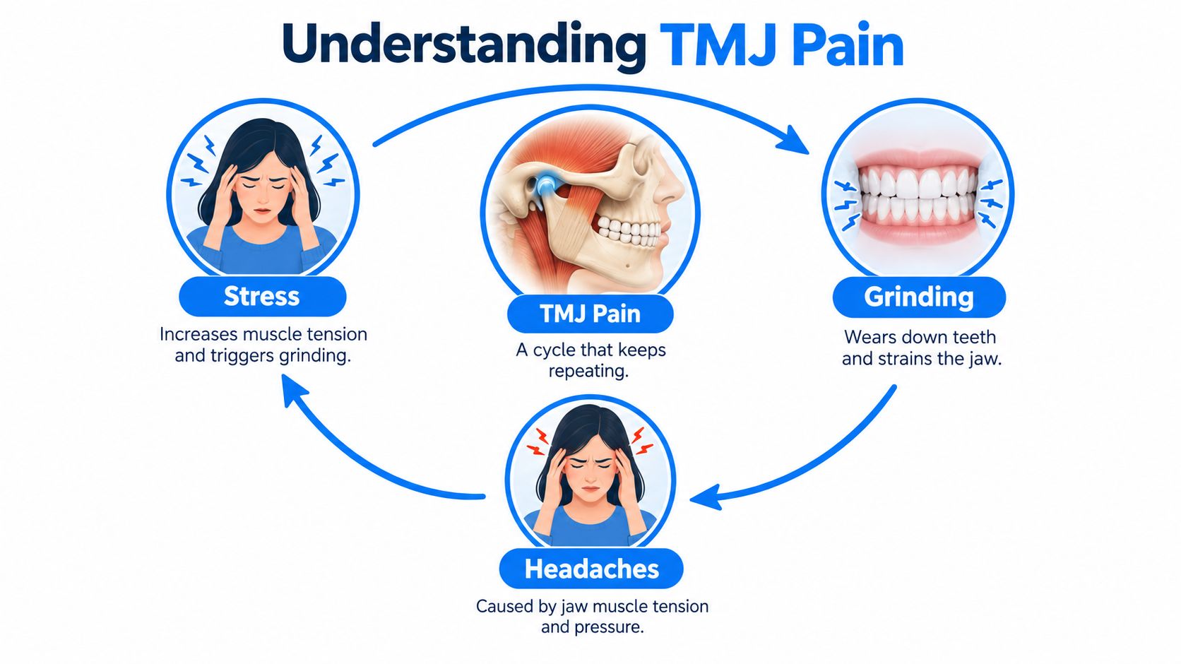A diagram illustrating the cycle of TMJ pain, showing how stress, teeth grinding, and headaches are connected.
