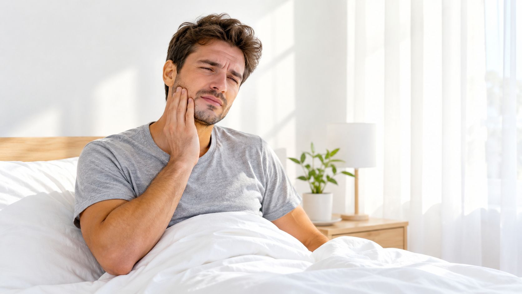 A young man sitting in bed holding his jaw while experiencing discomfort from a TMJ flare up.
