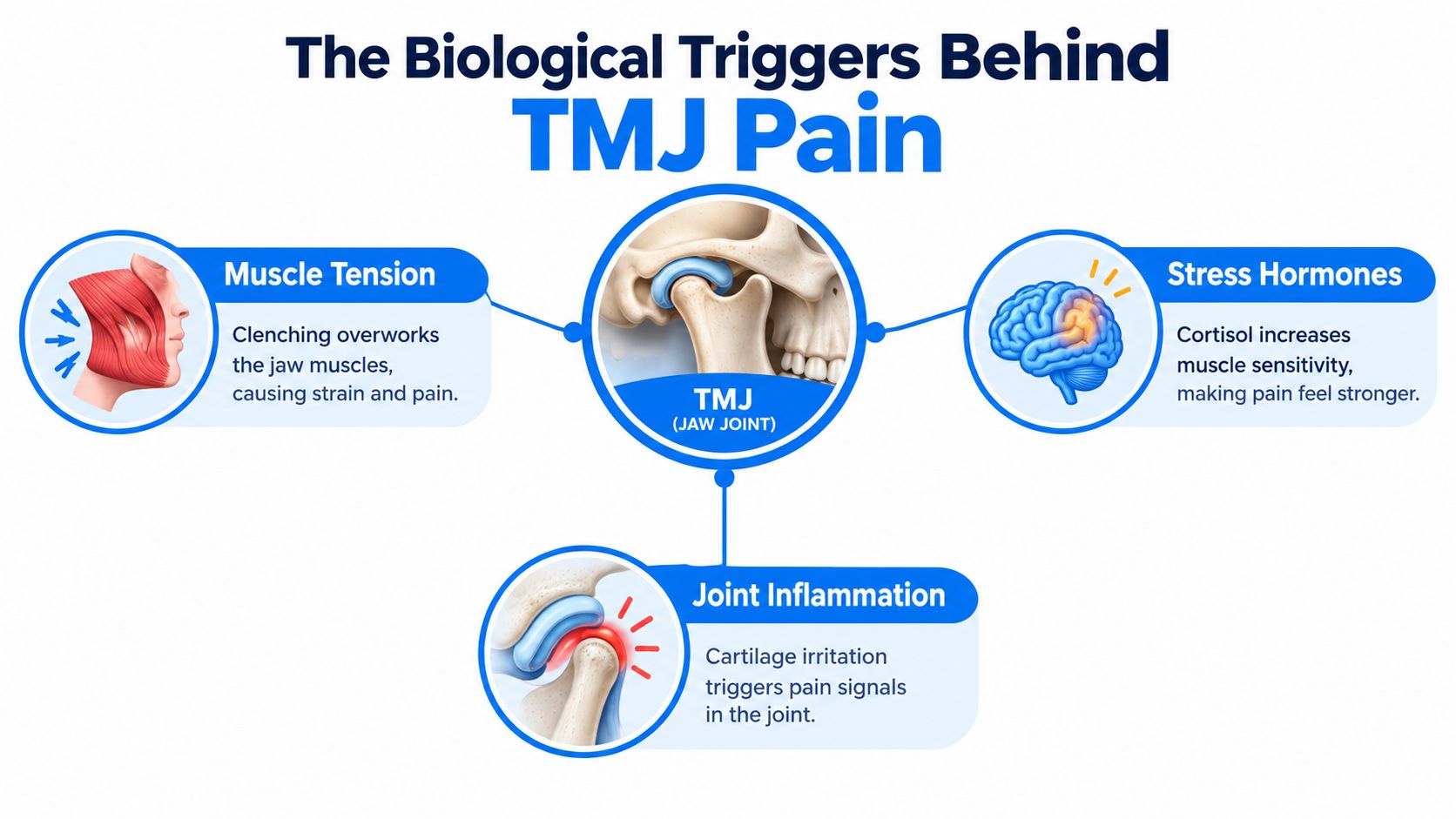 A diagram illustrating the three main biological triggers behind TMJ pain: muscle tension, stress hormones, and inflammation.