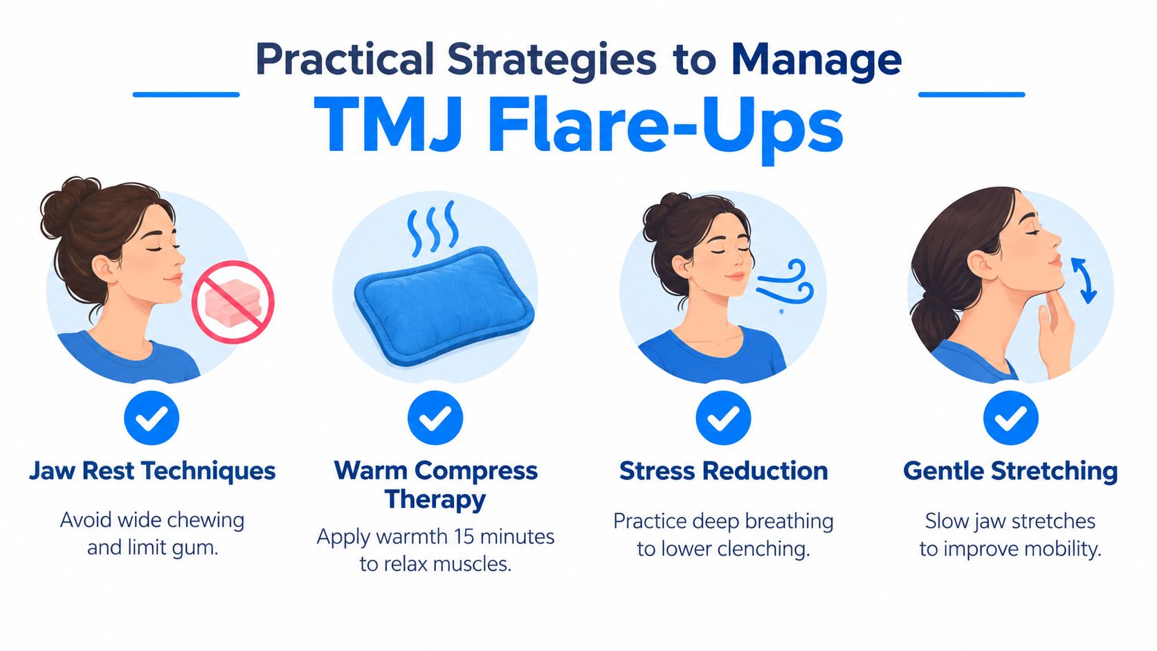 An infographic showing four practical self-care strategies for managing TMJ flare-ups, including jaw rest, heat, relaxation, and stretching.